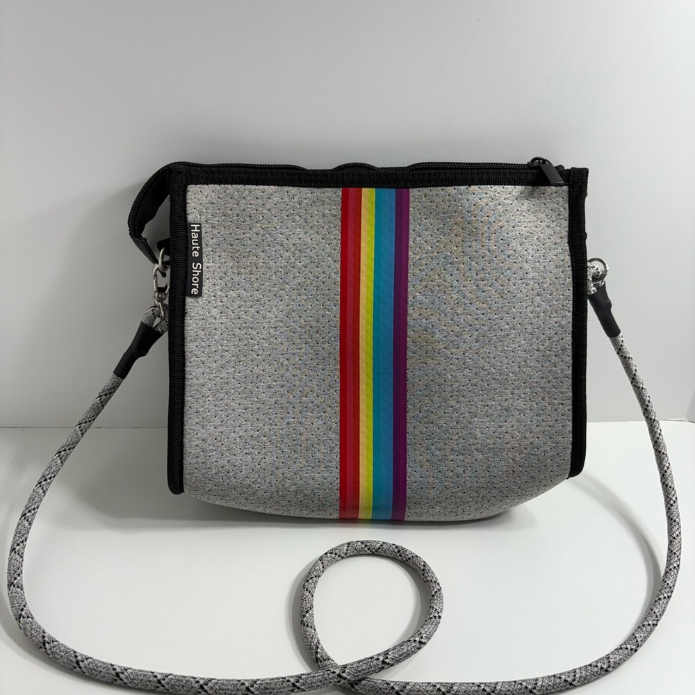 Haute Shore Neoprene Gray Crossbody Bag with Rainbow Stripe